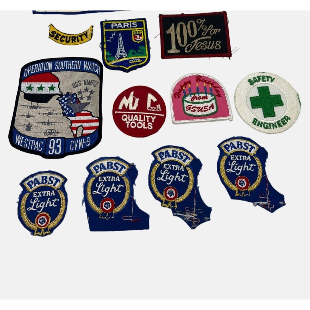 11 Vintage Embroidered Patches Pabst, Girl Scouts, Paris Jesus